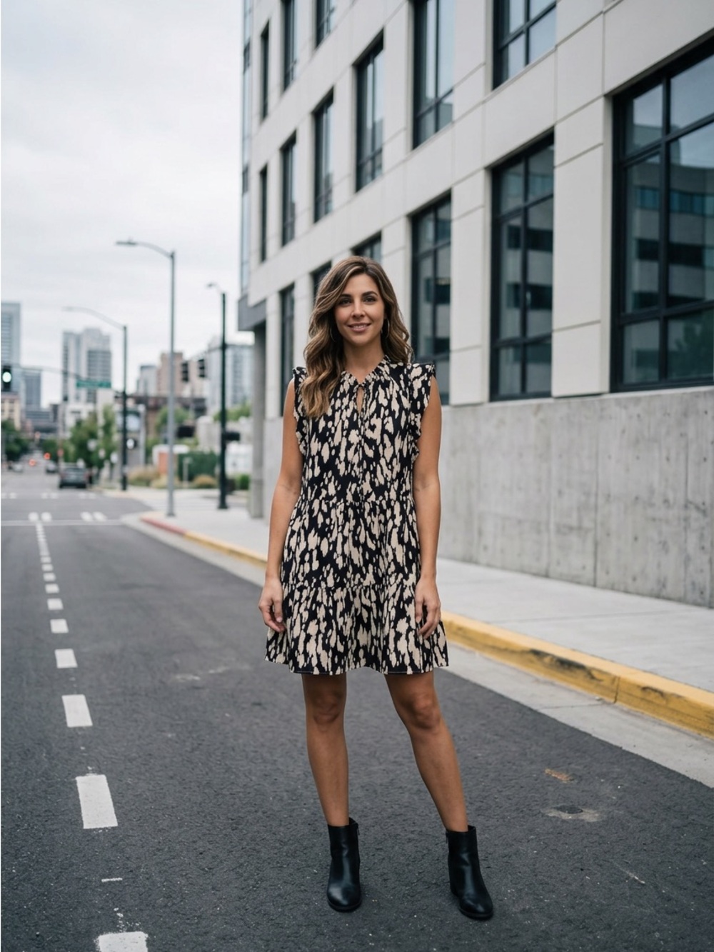 Time and Tru Black Mini Dress with Cream Print